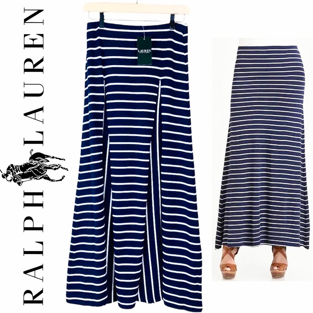 RALPH LAUREN NWT Tiered Pleated Striped White & Navy Blue Maxi Skirt